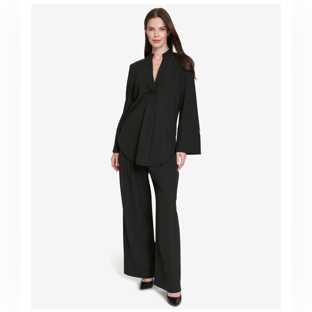 Halston Band Collar V-Neck Tunic/Blouse